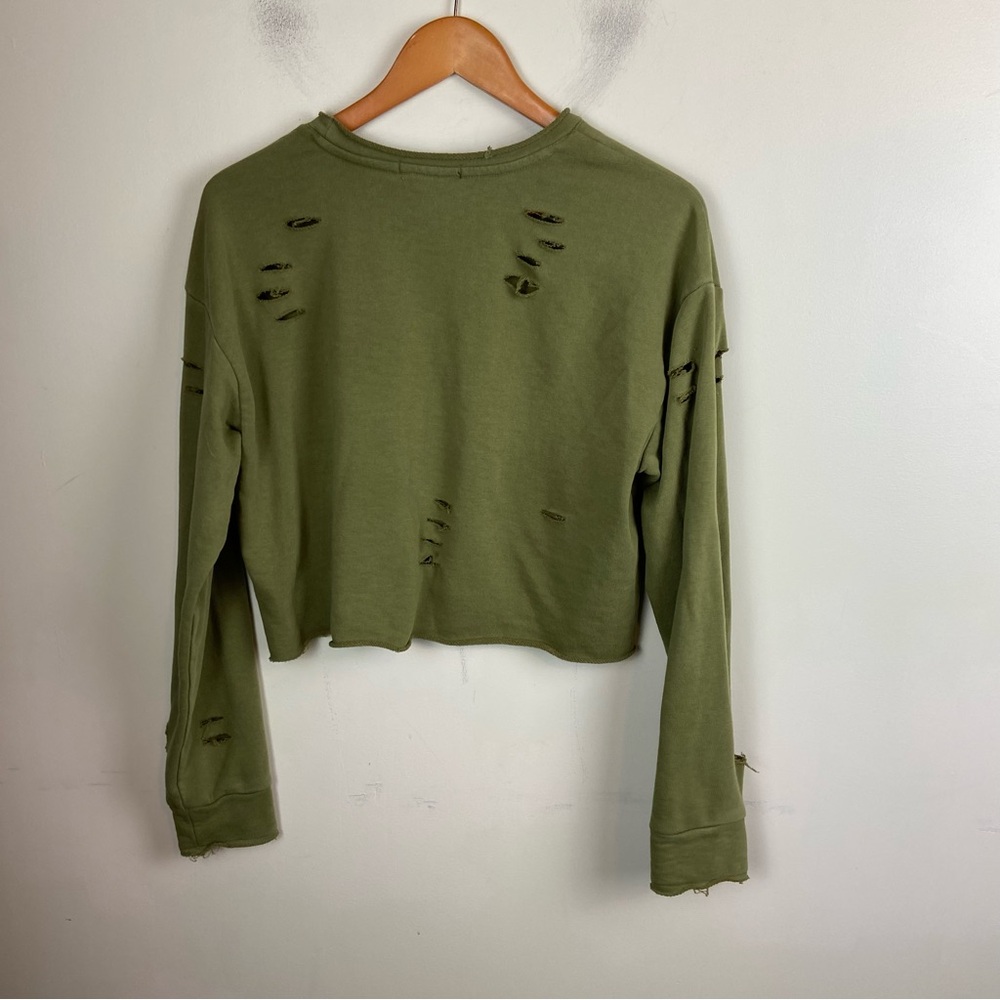 Forever 21 Green Distressed Raw Hem Cropped Sweatshirt‎ Pullover Grunge Sz Large - Picture 4 of 8